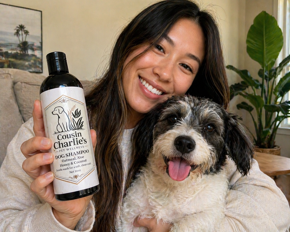 Happy family with their dog and Cousin Charlie's dog shampoo