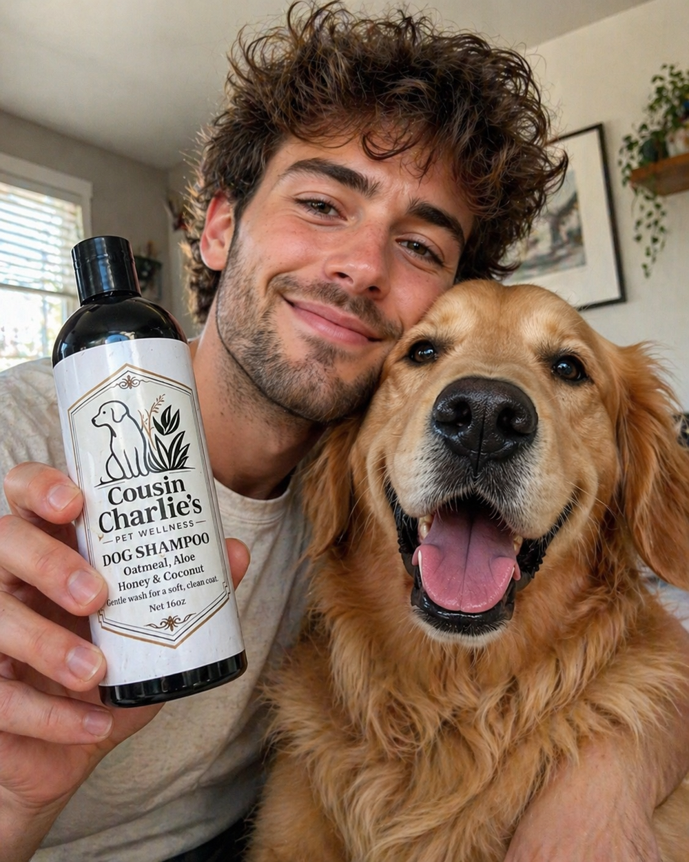 Happy family with their dog and Cousin Charlie's dog shampoo
