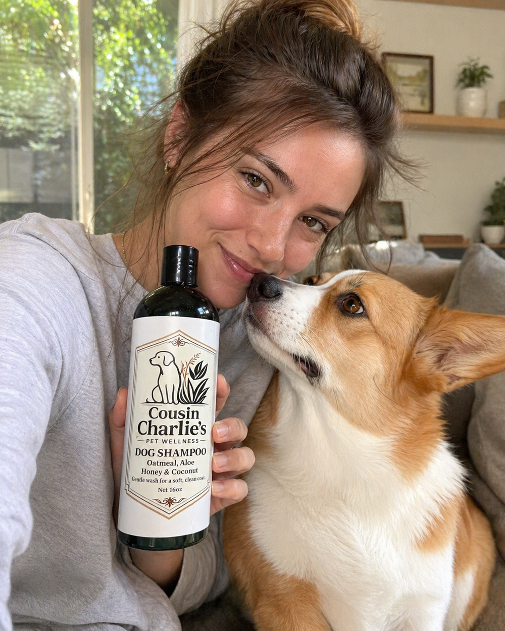 Happy family with their dog and Cousin Charlie's dog shampoo