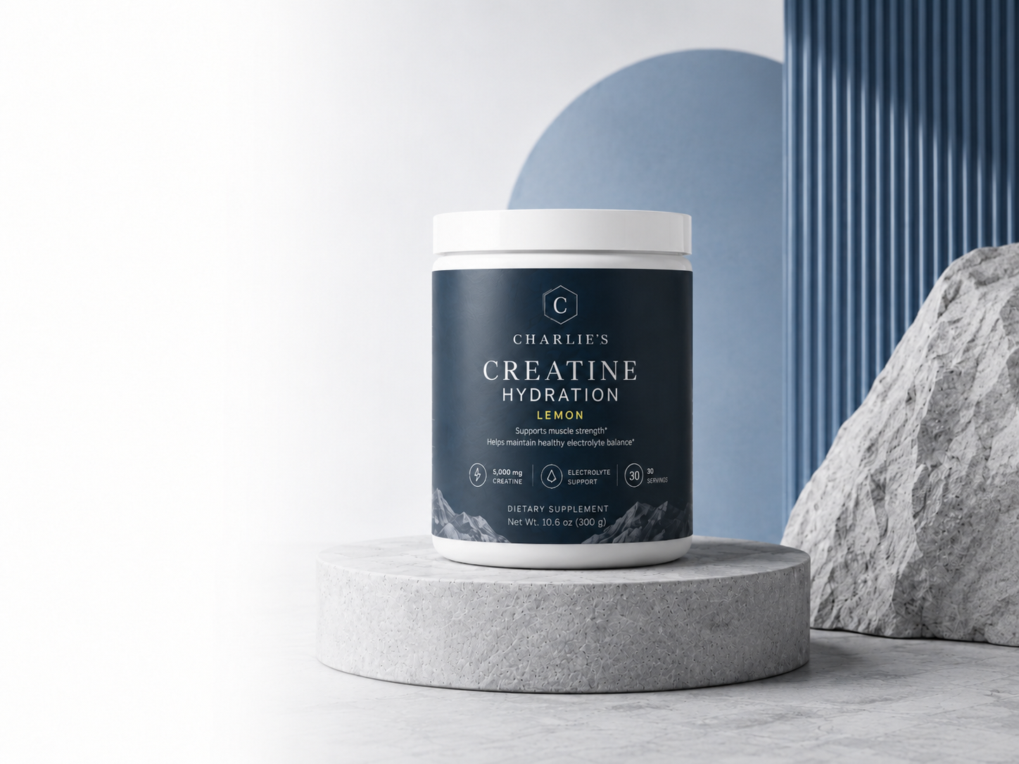 Charlie's supplement product on a mineral surface